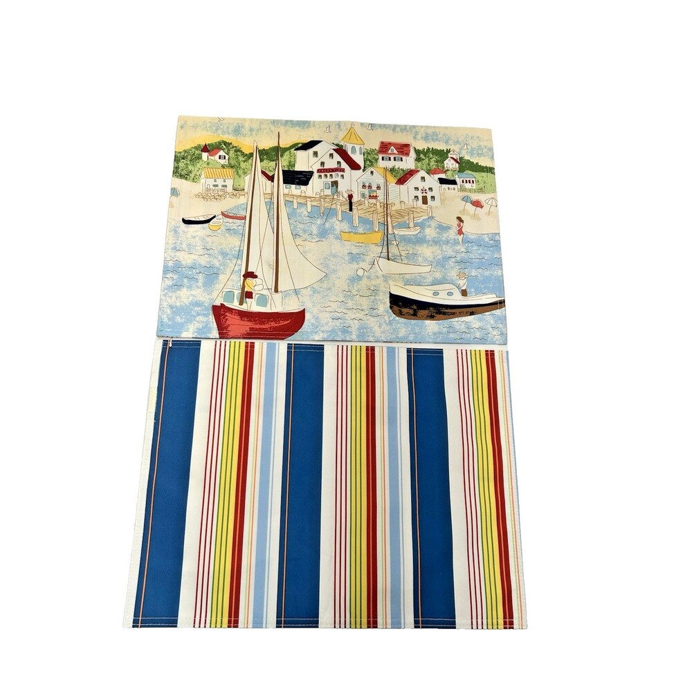 6 Reversible Sea Side Striped Placemats 18 X 13 Beach House Mediterranean Ships